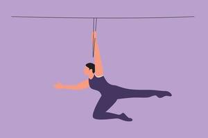tecknad serie platt stil teckning av kvinna akrobat gungor på de trapets med ett hand hängande. den tar mod och kontinuerlig öva. cirkus visa händelse underhållning. grafisk design vektor illustration