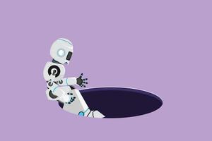 karaktär platt teckning av robot sänker sig in i de hål. fel till ta fördel av tech företag möjligheter. humanoid robot cybernetiska organism. framtida robotisk. tecknad serie design vektor illustration