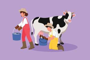 grafisches flaches Design, das Paarlandwirte zeichnet, die eine Kuh im Eimer melken. Kühe züchten. Ranch oder Bauernhof. Vieh oder Vieh. Produktion von Milchprodukten auf der Wiese. Cartoon-Stil-Vektor-Illustration vektor