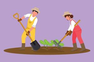 Cartoon Flat Style Drawing Junges Paar Bauern schaufelten den Boden mit Pflanzen mit Schaufel und Rechen. landwirtschaftliche Herausforderung auf dem Land oder auf dem Land. neue Pflanzen pflanzen. Grafikdesign-Vektorillustration vektor