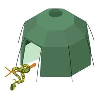 grüner Python-Symbol isometrischer Vektor. Baumpython in der Nähe von grünem Militärcampingzelt vektor