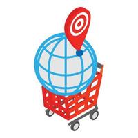 Weltweit einkaufen Symbol isometrischer Vektor. Geo-Pin auf Globus und rotem Einkaufswagen vektor