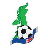 isometrischer vektor der britischen sportikone. Fußball und Flagge auf dem Hintergrund der britischen Karte