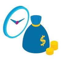 Finanzmanagement-Symbol isometrischer Vektor. Uhr und Tasche mit Dollarzeichenmünze vektor