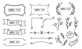Retro-Strichzeichnungsrahmen, Bänder, Blumen, Dekorationen und Pflanzen vektor