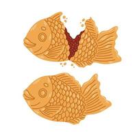 Taiyaki japanische Bäckerei. fischförmiger Kuchen mit roter Bohnenfüllung. japanisches Streetfood. Cartoon-Vektor-Illustration. vektor