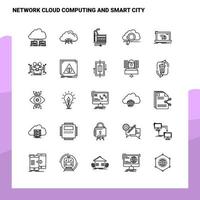uppsättning av nätverk moln datoranvändning och smart stad linje ikon uppsättning 25 ikoner. vektor minimalism stil design svart ikoner uppsättning. linjär piktogram packa.