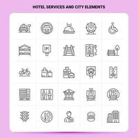 skizzieren Sie 25 Hotelservices und Symbolsätze für Stadtelemente. Vektorlinie Design schwarze Symbole gesetzt. lineares Piktogrammpaket. web- und mobile geschäftsideen entwerfen vektorillustration. vektor