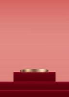 3d visa rosa guld cylinder podium på röd steg och beige vägg bakgrund, vektor lyx studio scen med cirkel stå för valentine, kinesiska ny år, jul, mammor dag produkt presentation