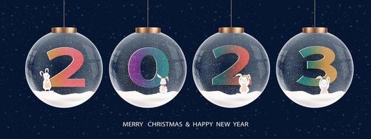 frohes neues jahr und frohe weihnachten 2023 mit weihnachtskugel mit niedlichem kaninchen auf schnee mit blauem hintergrund. vektordesign mit farbtrends für grußkartenwünsche, broschürenvorlage, karte, banner vektor