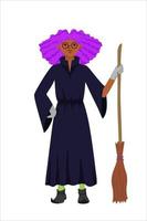 afro amerikan tonåring flicka med lila hår i en häxor kostym dölja med en kvast i henne hand står i full tillväxt. vektor illustration av en barn i tecknad serie stil