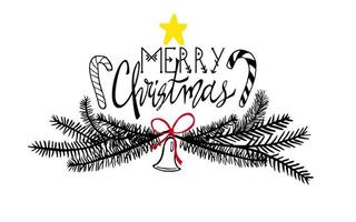 vektor text glad jul i en ritad för hand ram från vinter- dekor i klotter stil. sammansättning av enskild element kola, klocka, band, stjärna