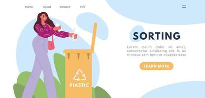 landung der frau sortieren abfall, kümmern sich um die umwelt. Sortier- und Recyclingkonzept. flache vektorillustration vektor