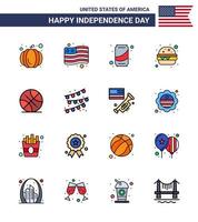 Happy Independence Day Pack mit 16 flach gefüllten Linien Zeichen und Symbolen für Ammern Sport Soda Ball Mahlzeit editierbare Usa Day Vektor Design Elemente