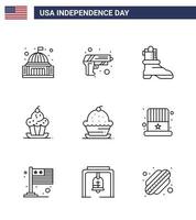 linje packa av 9 USA oberoende dag symboler av amerikan ljuv vapen muffin kaka redigerbar USA dag vektor design element