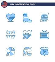 satz von 9 usa-tag symbolen amerikanische symbole unabhängigkeitstag zeichen für trommel liebe schutz herz papier editierbare usa tag vektor design elemente