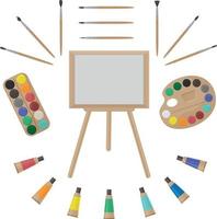 en stor uppsättning för artister bestående av målar, borstar, ett staffli, en palett för blandning målarfärger och målarfärger i rör. en skola teckning utrustning. duk för kreativitet. vektor illustration.