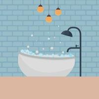 eine Illustration des Innenraums eines Badezimmers mit dem Bild einer mit Schaum gefüllten Badewanne sowie mit einer Dusche und einem Mischer und von der Decke hängenden Lampen. Vektor-Illustration vektor