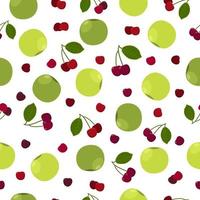 apfelkirsche saftiges sommernahtloses muster mit einem bild eines reifen grünen apfels und roter kirsche und grüner blätter. Sommerdruck. Vektorillustration auf weißem Hintergrund. vektor