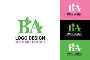 ba-buchstabe-öko-logo mit blatt. vektorschrift für naturposter, umweltfreundliches emblem, vegane identität, kräuter- und botanische karten usw. ökologie m buchstabe logo mit grünem blatt. vektor