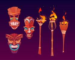 Tiki-Masken und brennende Fackeln, Totems aus Stammesholz vektor