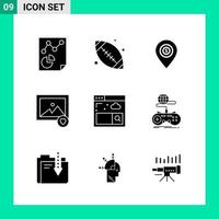 Packung mit 9 Solid Style Icon Set Glyphen-Symbolen für den Druck kreative Zeichen isoliert auf weißem Hintergrund 9 Icon Set kreativer schwarzer Icon-Vektor-Hintergrund vektor