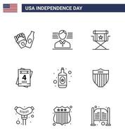 9 Zeilenzeichen für Usa-Unabhängigkeitstag amerikanische Flaschenfilme Alkoholliebe editierbare Usa-Tag-Vektordesign-Elemente vektor