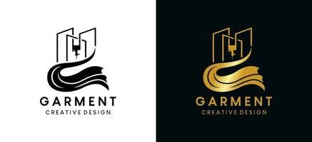 plagg logotyp design med de begrepp av en trasa ikon kombinerad med en byggnad i linje konst vektor