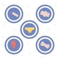 Set aus runden Symbolen, Aufklebern zum Thema der weiblichen Periode mit Binden, Tampon, Menstruationstasse und Unterhose vektor
