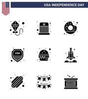Usa Happy Independence DayPiktogrammsatz aus 9 einfachen soliden Glyphen von Food Burger runden Usa-Schild editierbare Usa-Tag-Vektordesign-Elemente vektor