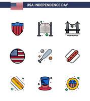 USA oberoende dag platt fylld linje uppsättning av 9 USA piktogram av baseboll tacksägelse ingång flagga stadsbild redigerbar USA dag vektor design element