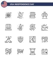 Packung mit 16 US-Unabhängigkeitstag-Feierlinien Zeichen und 4. Juli-Symbolen wie Cap Holiday Day Festlichkeit Grill editierbare US-Tag-Vektor-Design-Elemente vektor