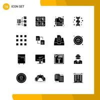 16 solides Glyphenkonzept für mobile Websites und Apps, Datenraster, Brandbekämpfungsmantel, Genom, Gen, editierbare Vektordesignelemente vektor