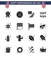 Happy Independence Day Pack mit 16 soliden Glyphen Zeichen und Symbolen für Day Star American Police Girlande editierbare Usa Day Vektor Design Elemente