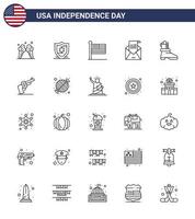 Usa Happy Independence DayPiktogrammsatz von 25 einfachen Linien Boot Mail Staaten Einladungsumschlag editierbare Usa Day Vektordesign-Elemente vektor