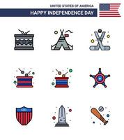 Happy Independence Day Pack mit 9 flach gefüllten Linien Zeichen und Symbolen für Unabhängigkeitstrommel American Day Amerikanische editierbare Usa-Tag-Vektordesign-Elemente vektor