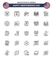 packa av 25 USA oberoende dag firande rader tecken och 4:e juli symboler sådan som USA landmärke pistol gyllene bro redigerbar USA dag vektor design element