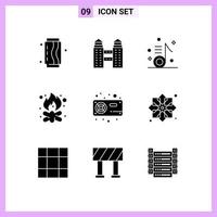Gruppe von 9 soliden Glyphen Zeichen und Symbolen für Fire Camp Audio Bonfire Song editierbare Vektordesign-Elemente vektor