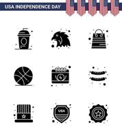 packung mit 9 usa unabhängigkeitstag feier solide glyphen zeichen und 4. juli symbole wie kalender usa tasche sport backetball editierbare usa tag vektor design elemente