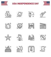 Stock Vector Icon Pack von American Day 16 Line Zeichen und Symbolen für Kürbis American Head Waffe Waffe editierbare Usa Day Vektor Design Elemente