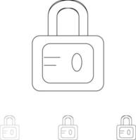 Lock School Study Fett und dünne schwarze Linie Icon-Set vektor