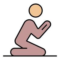 en man bön- på hans knän ikon Färg översikt vektor
