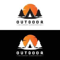 lägereld logotyp design, camping vektor, trä brand och skog design vektor