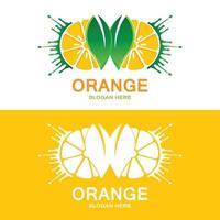 orangefarbenes Logo-Design, frischer Obstvektor, passendes Design für Obstläden, Bannervorlage, orangefarbenes Fruchtsymbol vektor