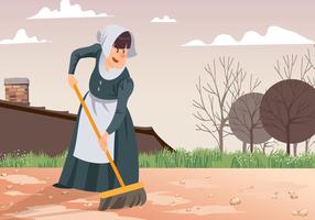 Maid Sweeping Patio Vector