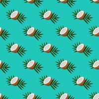 Nahtloses Muster mit Kokosnüssen und tropischen Blättern. Vektor-unendliches Muster mit Palmnüssen auf sommerblauem Hintergrund. vektor
