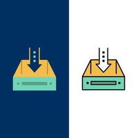 inkorg låda skåp dokumentera tömma projekt ikoner platt och linje fylld ikon uppsättning vektor blå bakgrund