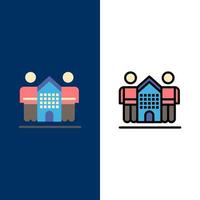 kulturfreundliche freunde zuhause leben symbole flach und linie gefüllt icon set vektor blauen hintergrund