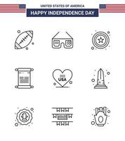 Usa Happy Independence Day Piktogrammsatz aus 9 einfachen Linien der amerikanischen Herzpolizei Usa Text editierbare Usa Day Vektordesign-Elemente vektor