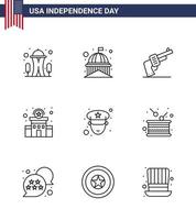 Usa Happy Independence Day Piktogrammsatz aus 9 einfachen Linien von Man Station White Police American Editable Usa Day Vector Design Elements